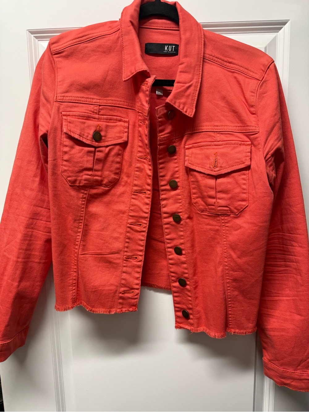 Kut from the Kloth Coral-Red Cropped Denim Jacket